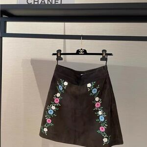 Authentic Miu Miu Black A-Line Skirt with Floral Embroidery